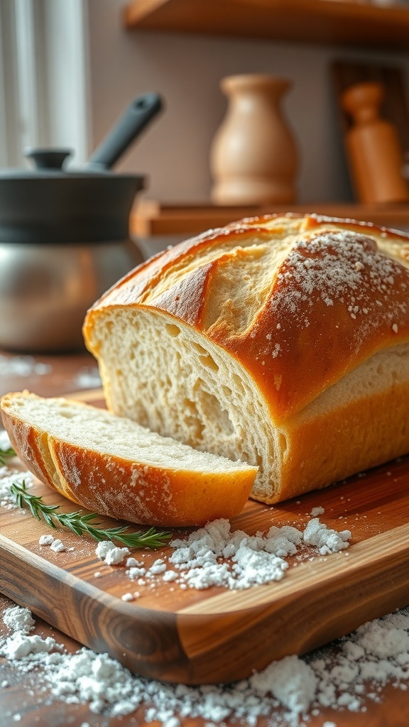 A golden crusted loaf of bread sliced on a wooden board, with flour and herbs around it.